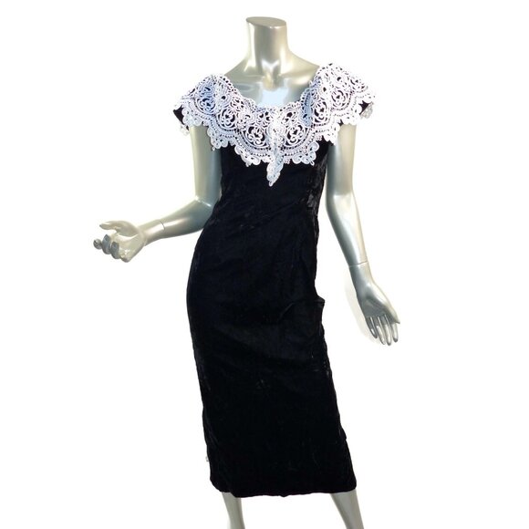 Jessica McClintock Black Velvet Dress Sz Small White Lace Collar Halloween 80s - Picture 1 of 8